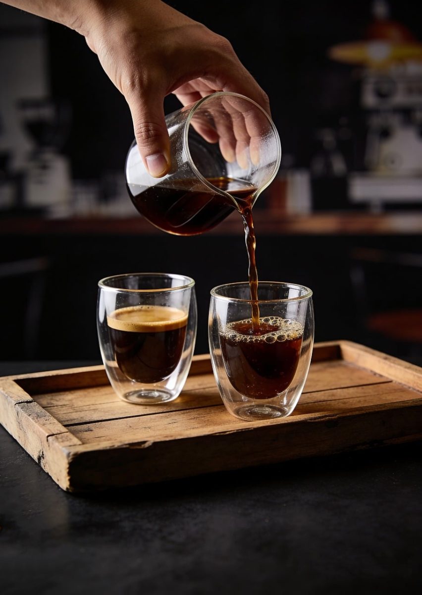 hand, black coffee, glass server, coffee crema, pouring, hot beverage, double-walled glass, wooden tray, rustic, moody, morning, coffee drink, aroma, cafe, liquid, dark, caffeine, beverage, natural light, relaxed atmosphere