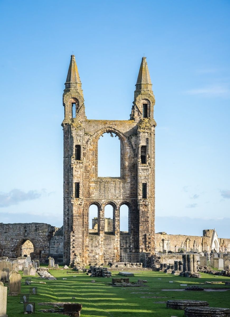 ruin, medieval, scotland, st andrews, cathedral, gothic, tower, stones, architecture, monument, historical, blue sky, st, andrews, courtyard, grass, nature, low angle, sunny, historical site, front view, ancient, university town