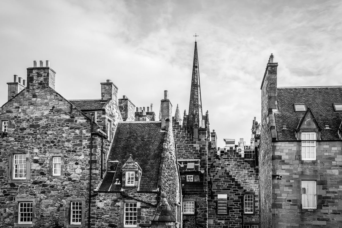 edinburgh, scottish, urban, old town, travel, stone building, ancient architecture, gothic-style, cathedral, europe, united kingdom, black and white, church architecture, rooftops, historic, medieval, tourism, towers, tourist attraction, modern history