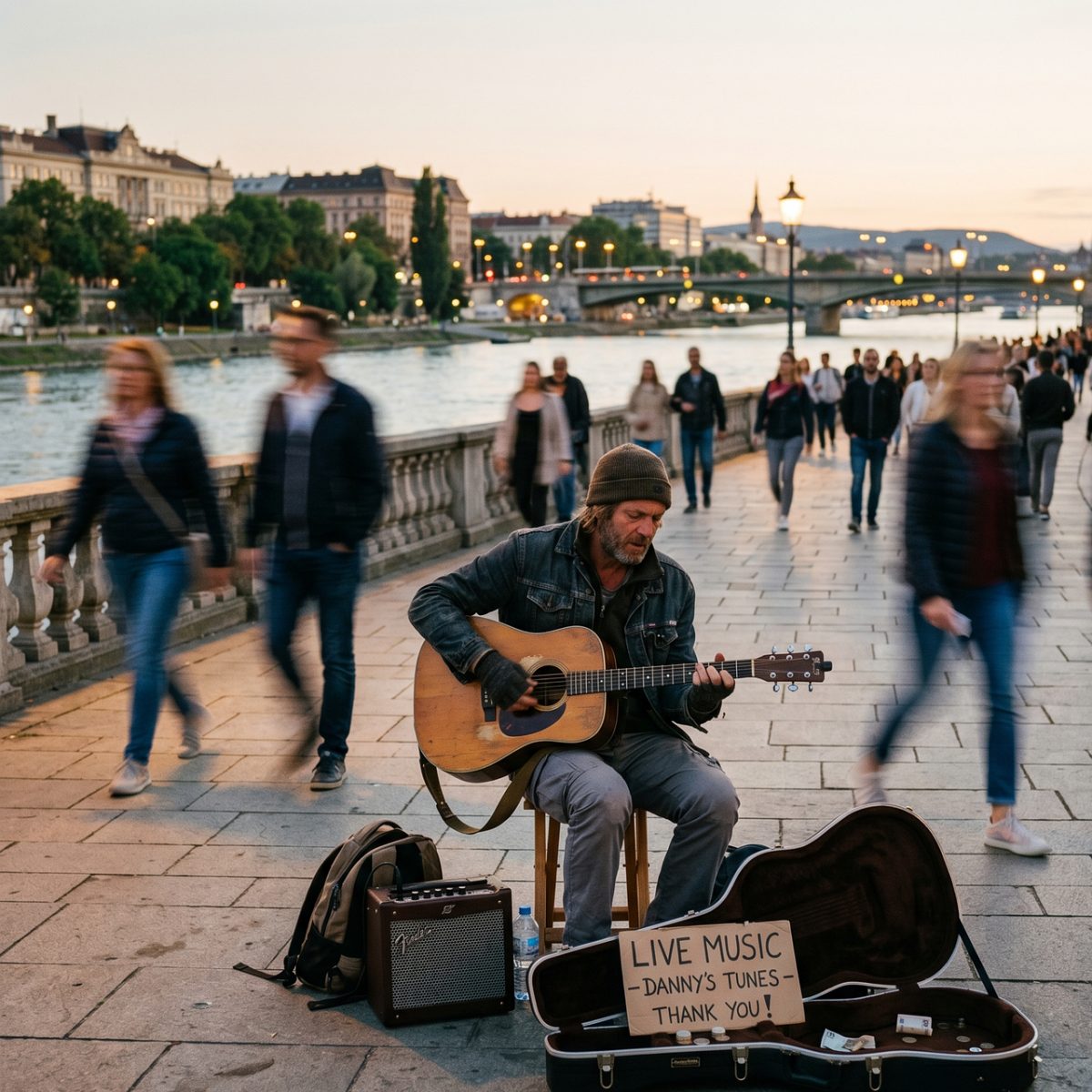 musician, guitar, street performer, river, promenade, evening, bridge, acoustic, cultural, atmosphere, reflection, stool, guitar case, denim jacket, fingerless gloves, beanie, public space, reunion, courtesy, live music