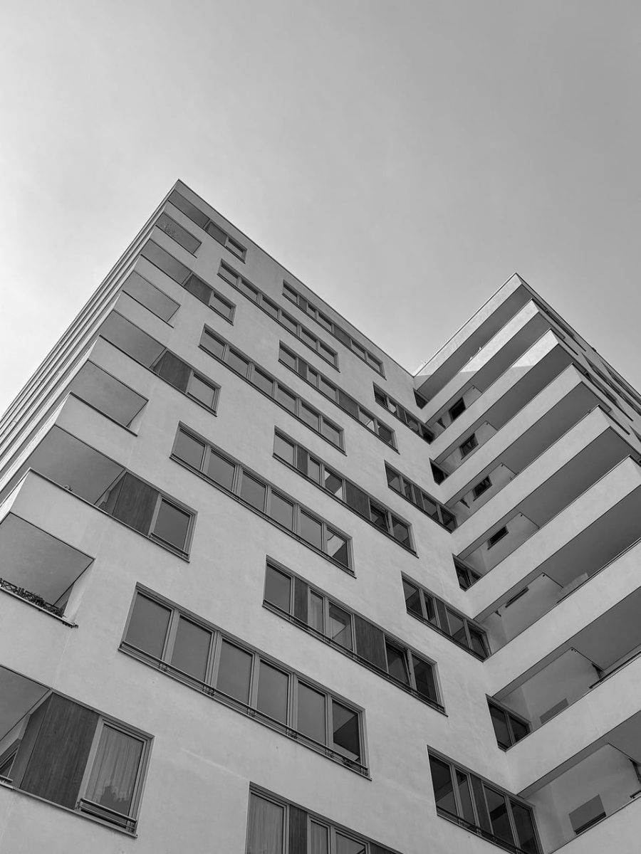 apartment complex, modern architecture, city life, black and white photography, building facade, clouds, balconies, housing, urban architecture, residential area, urban, high-rise building, exterior, modern apartment, windows, nature, city house, housing estate, structural design, North Rhine-Westphalia, Germany, Cologne