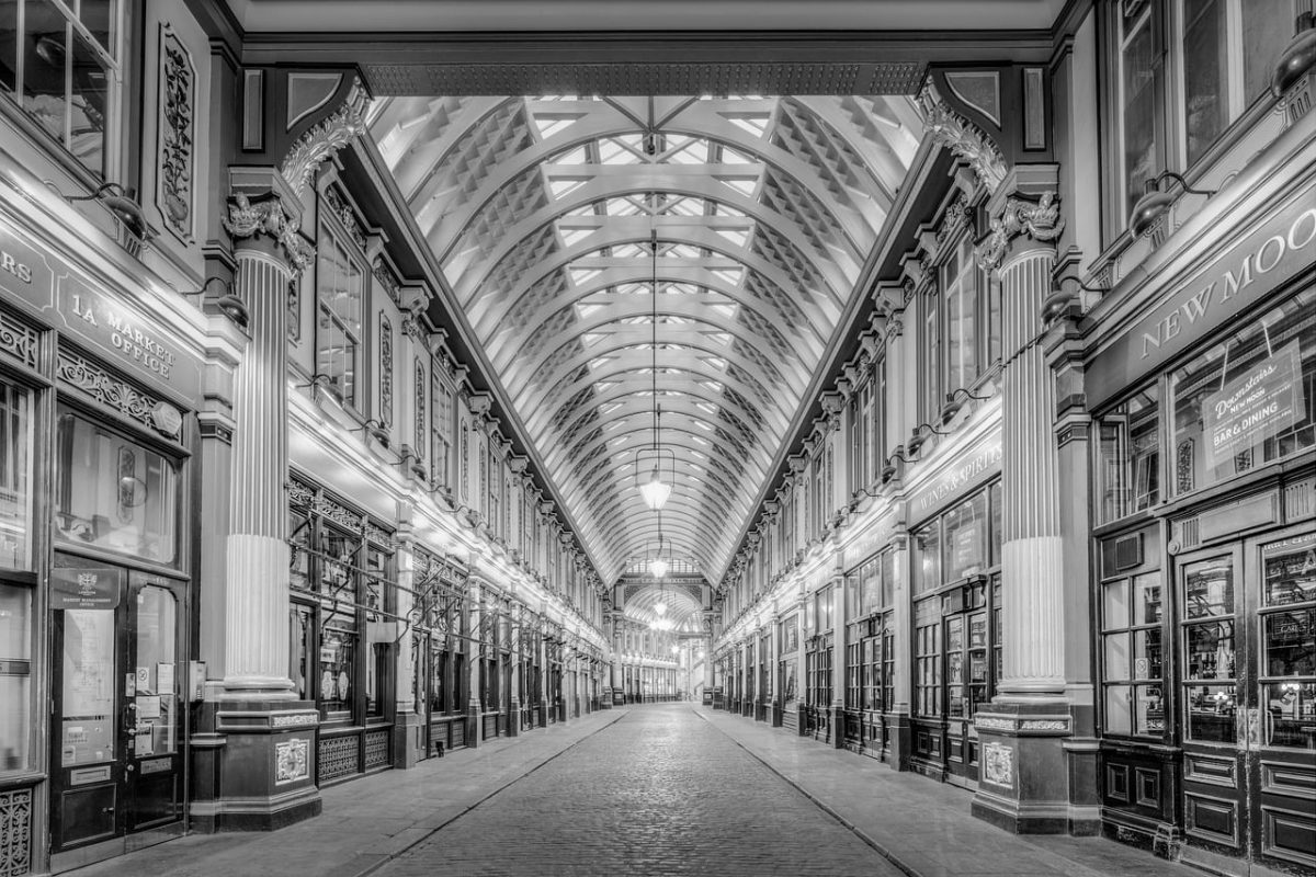 leadenhall market, historic, architecture, english, london, black and white, british, market, ceiling, interior, floor, lamp, shop, column, trading, tourist attraction, victorian, iron structure, business, covered market