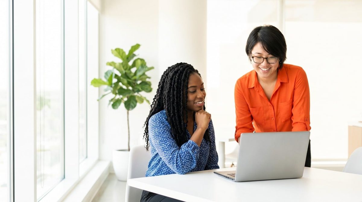 women, professionals, collaboration, teamwork, nature, office, meeting, computer, laptop, smiling, diversity, happy, modern, workplace, learning, discussion, communication, business, technology, indoor, plant