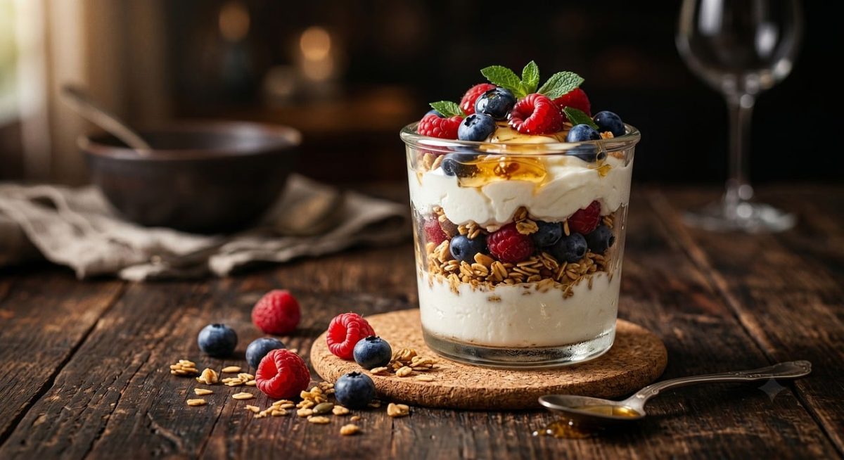 yogurt parfait, mixed berries, granola layers, blueberries, raspberries, mint leaf, honey drizzle, glass cup, rustic table, dark background, gourmet cooking, healthy snack, tasty dessert, organic ingredients, fruit topping, breakfast experience, presentation, clear glass