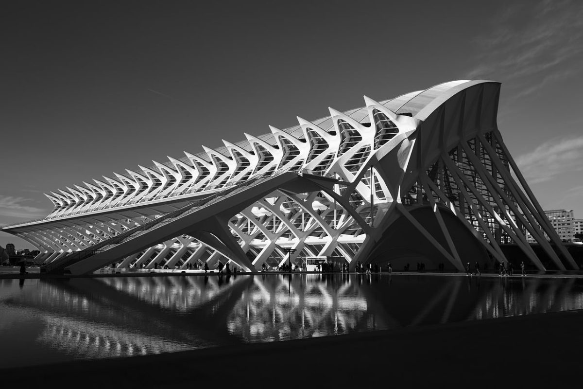 modern architecture, valencia, art and science, futuristic design, spanish architecture, black and white photo, architectural marvel, famous building, sunny day, symmetry, architecture photography, educational center, cosmopolitan city, spires, oceanography, dazzling, reflection, harmony, cultural center, geometric shapes