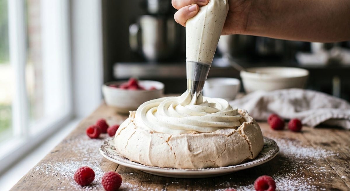 pavlova, meringue, whipped cream, raspberries, pastry chef, vanilla cream, piping bag, powdered sugar, rustic wooden table, dessert decoration, summer dessert, kitchen background, culinary art, crisp crust, marshmallow center, pastry tip, food styling, close-up baking, stand mixer, artisanal pastry