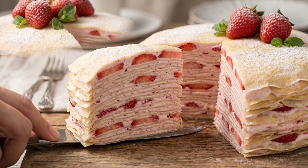 mille crepe cake, strawberry cake, layered cake, cake slice, fresh strawberries, dessert, pastry cream, sweet treat, mint leaves, elegant dessert, powdered sugar, cake server, wooden table, afternoon tea, baking art, cake presentation, delicate pastry, cake cross section, cake serving, kitchen