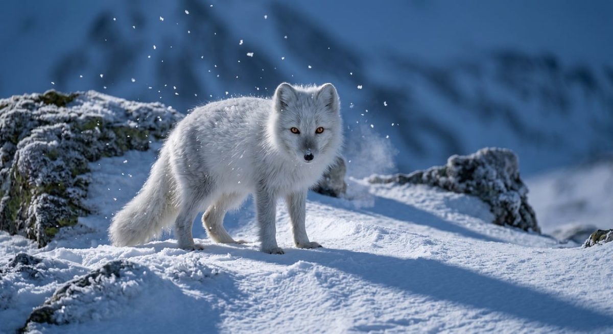 arctic fox, snow, winter, mountains, wildlife, fur, stance, alert, cold climate, tundra, fluffy tail, subzero, solo animal, black nose, keen eyesight, harsh weather, nature, rocks, thick fur, fox species