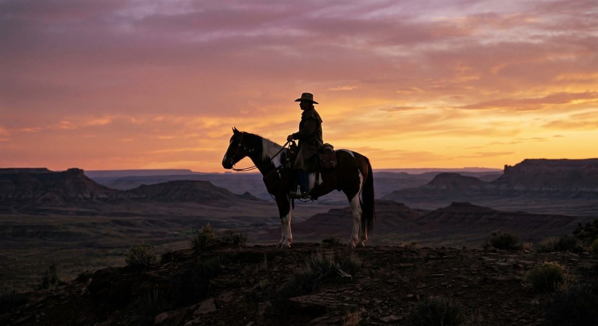 cowboy, horseback riding, horse, silhouette, canyon, sunset, nature, purple clouds, orange sky, hat, saddle, horizon, wilderness, travel, traditional, explorer, rugged terrain, picturesque, majestic, country, authentic