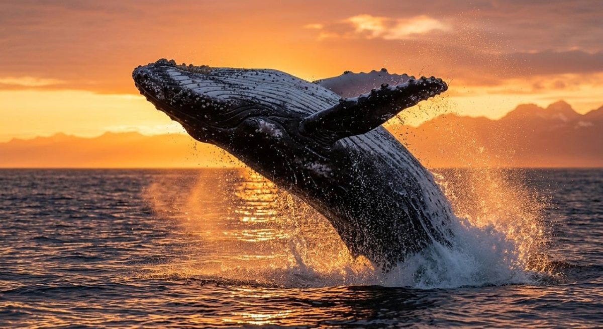 humpback whale, whale, giant marine mammal, breaching, splashing water, nature, ocean spray, water droplets, pectoral fins, dorsal ridges, open sea, sunset, golden hour, mountain backdrop, warm light, action shot, majestic, wilderness, nature photography