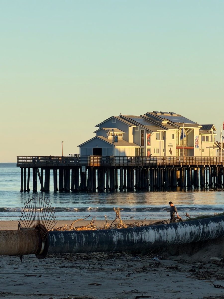 pier, sea, sunset, ocean, california, nature, beach, sand, architecture, wooden structure, lone person, evening, celestial, blue sky, reflection, dawn, water surface, west coast, cabin, balustrade, United States, Santa Barbara, California