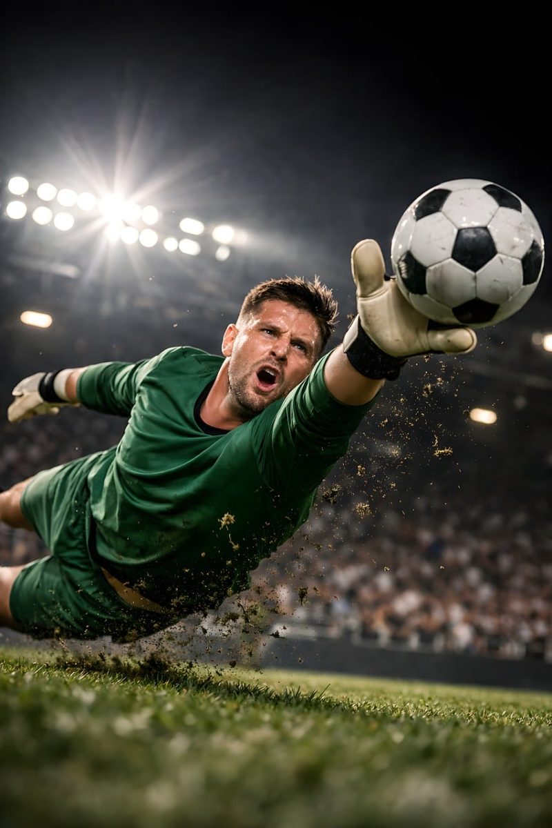 goalkeeper, save, dive, action, soccer, football, gloves, jump, stretch, block, defense, sport, stadium, lights, match, athlete, nature, motion, dynamic, intensity, grass, dirt