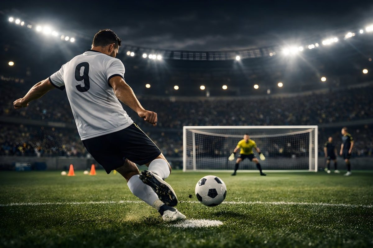 soccer, striker, penalty, goalkeeper, goal, match, stadium, sport, action, competition, intensity, night, energy, focus, dynamic, field, drama, football player, shot, effort