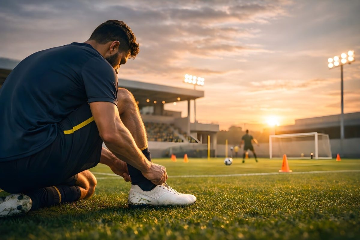 soccer, player, training, preparation, shoes, field, grass, sunset, cones, stadium, focus, outdoors, dedication, routine, nature, warm, golden, readiness, discipline, sport, golden light