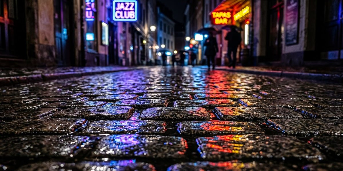 rain, cobblestone, neon, reflection, wet road, evening, urban, alley, night city, bars, puddle, jazz club, wet, bokeh, texture, night photography, colorful light, nature, tribute band, dark, retro, pavement