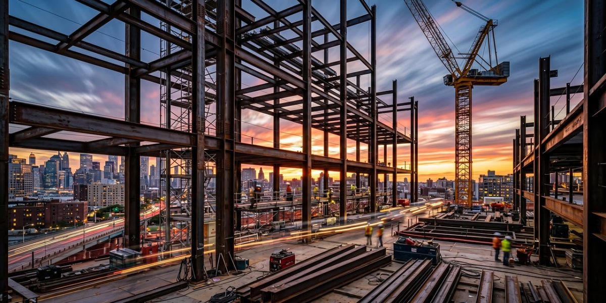 construction site, steel frame, crane, city skyline, twilight, nature, sunset, industrial, urban, architecture, engineering, development, building, light trails, workers, safety net, scaffold, perspective, geometry, evening, infrastructure, view