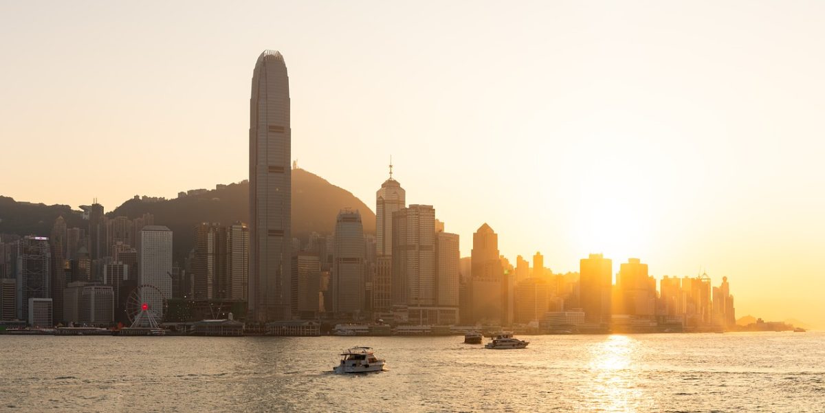 hongkong, cityscape, panorama, skyscraper, sunset, building, pier, tower, evening, city, sea, boat, urban, horizon, island, glow, water, nature, west