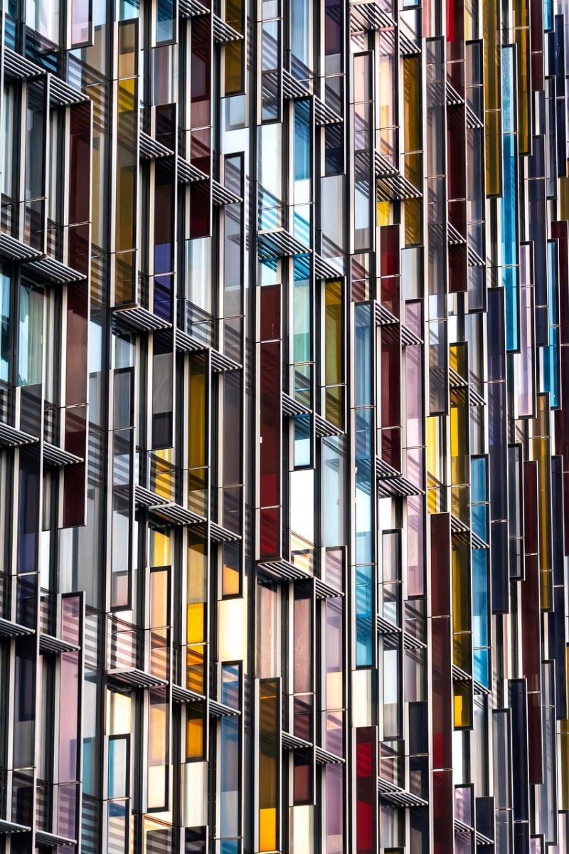 window, building, glass, facade, architecture, modern, pattern, colorful, city, urban, tall, texture, metropolis, shadow, dazzling, composite, lines, reflection, structure, aesthetic