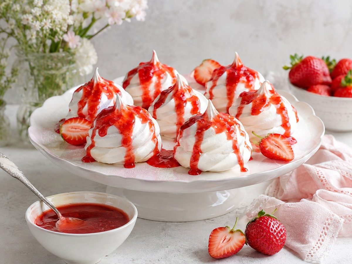 meringue, strawberries, nature, dessert, cream, red sauce, empty stand, white plate, summer, fresh strawberries, strawberry sauce, sweet dessert, summer dessert, white surface, strawberry dessert, summer food, pastry, food art, homemade food