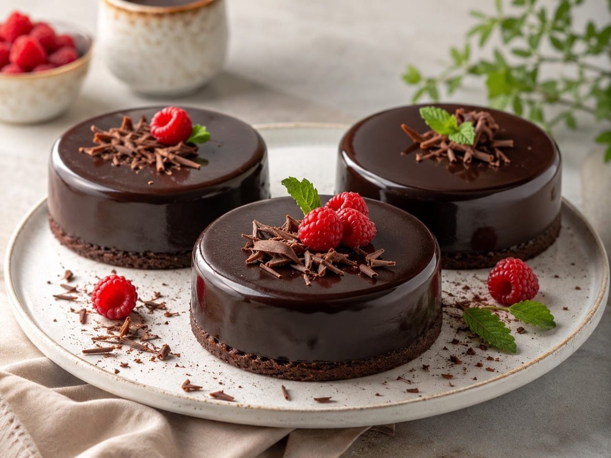 chocolate cake, glossy glaze, raspberries, chocolate shavings, dessert, plate arrangement, mint leaves, red fruit, gourmet, baking, gourmet presentation, treat, chocolate mousse, homemade, confectionery, decoration, delicacy, ceramic plate