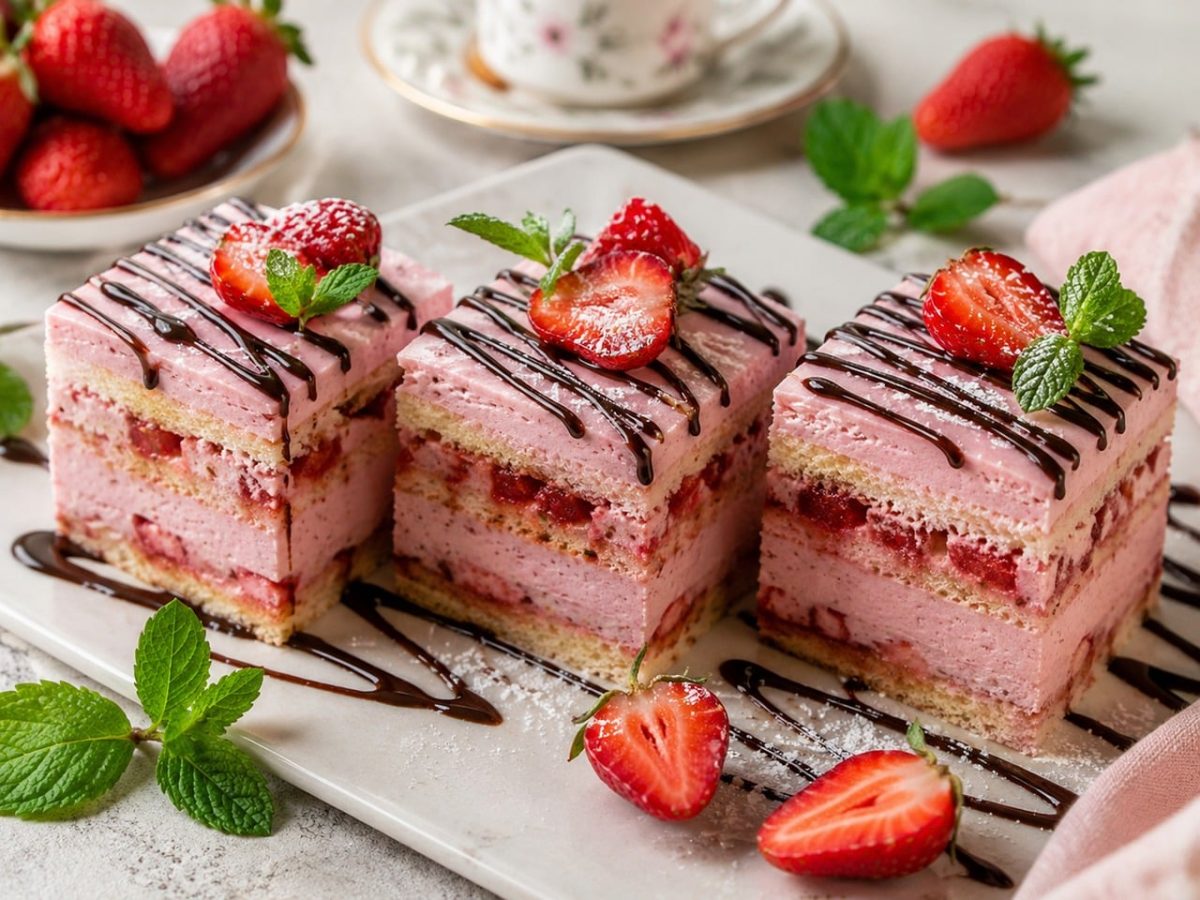 strawberry dessert, chocolate topping, fresh strawberries, creamy dessert, mint leaves, tea set, patisserie, dessert plate, layered cake, tea service, mint, confection, sugar powder, whipped cream, bakery products, sweet, luxury dessert, pastry art, delicate