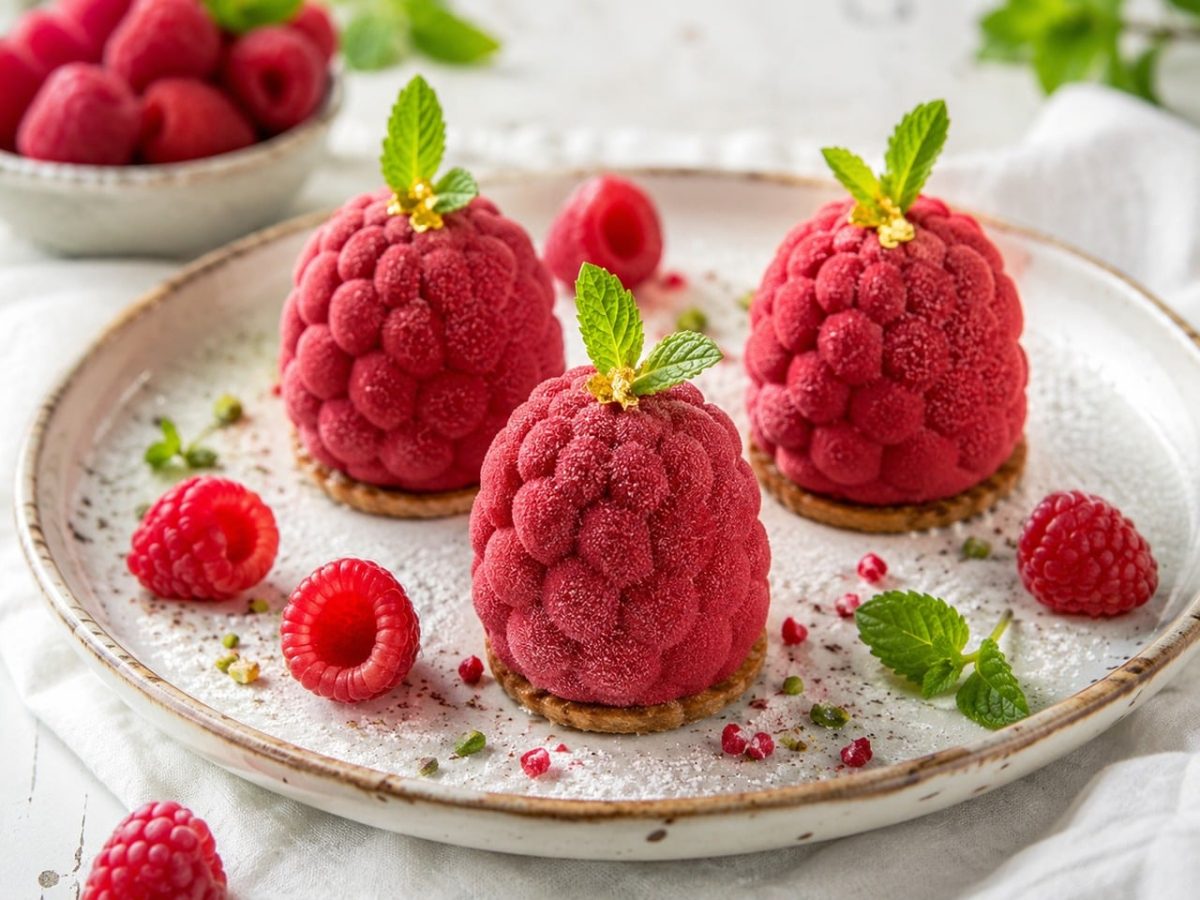 dessert, raspberry, dessert on plate, fresh fruit, luxury dessert, culinary decoration, gastronomy, leaf decoration, cake, red color, sweet, patisserie, creative dessert, fruity flavor, white plate, pastry, edible gold leaf