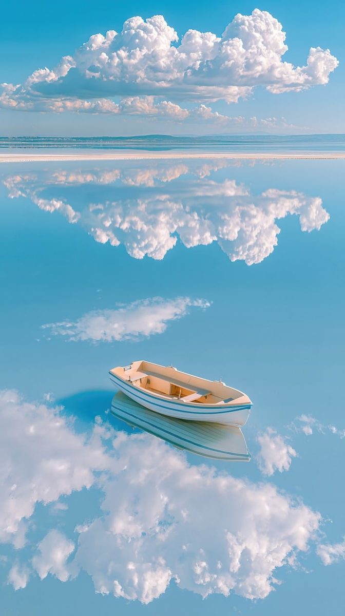 boat, blue sky, water, sky, clouds, reflection, peaceful, calm, blue, white, nature, summer, travel, adventure, freedom, solitude, clear