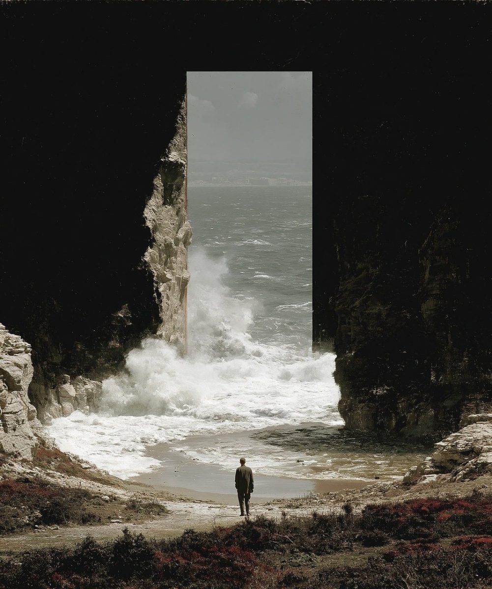 seascape, coastal cliffs, crashing waves, rock formation, alone, male figure, solitude, nature, mysterious, coastal, dramatic, sunset, gateway, transition, distant view, natural archway, perspective, wild, meaningful