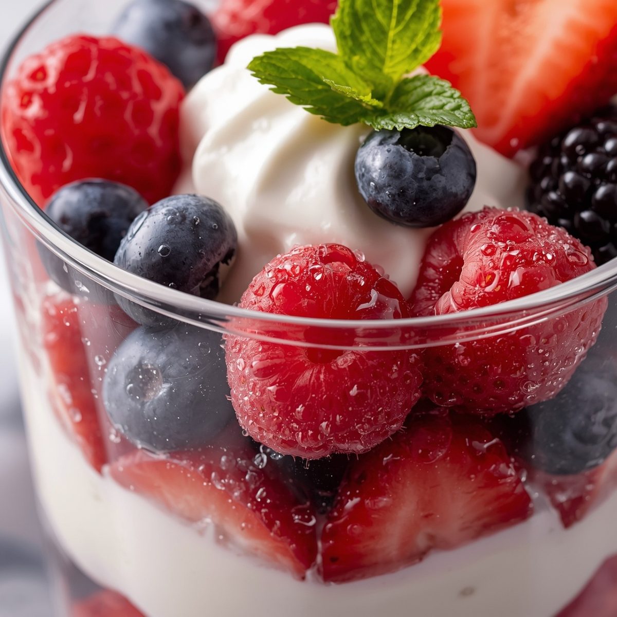 dessert, yogurt, berries, blueberries, raspberry, strawberry, blackberry, cream, mint, glass, sweet, healthy, delicious, fruit, fresh, parfait, layered, dessert glass, refreshing, snack