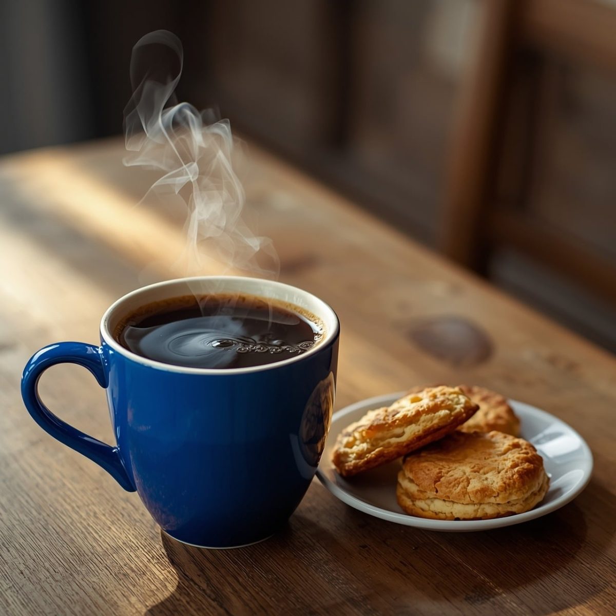 coffee, mug, breakfast, biscuits, steam, pastry, wooden table, comfort, morning, relaxation, coziness, shading, day, rustic, coffee cup, calm, break, cozy, tea, afternoon tea, lighting, afternoon
