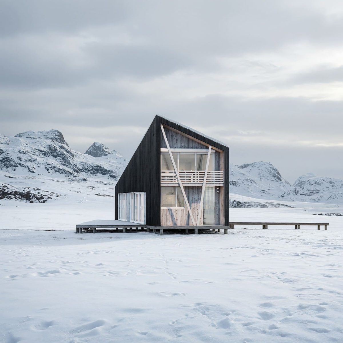 modern architecture, winter landscape, cabin, snowfall, isolation, wood, mountains, minimalism, architectural visualization, scandinavian design, wooden facade, ice cover, purity, silence, tall building, exterior, design house, solitude, energy-efficient house, nature, rural setting, architectural minimalism