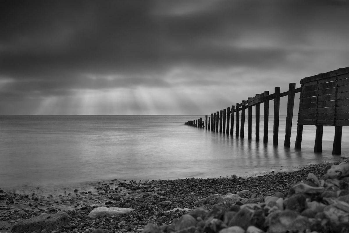black-and-white, coastline, pier, calm, clouds, water, reflection, sunset, rain, natural, still, interface, beauty, storm, dramatic, nature, railing, window, west, composition, silence, poetic