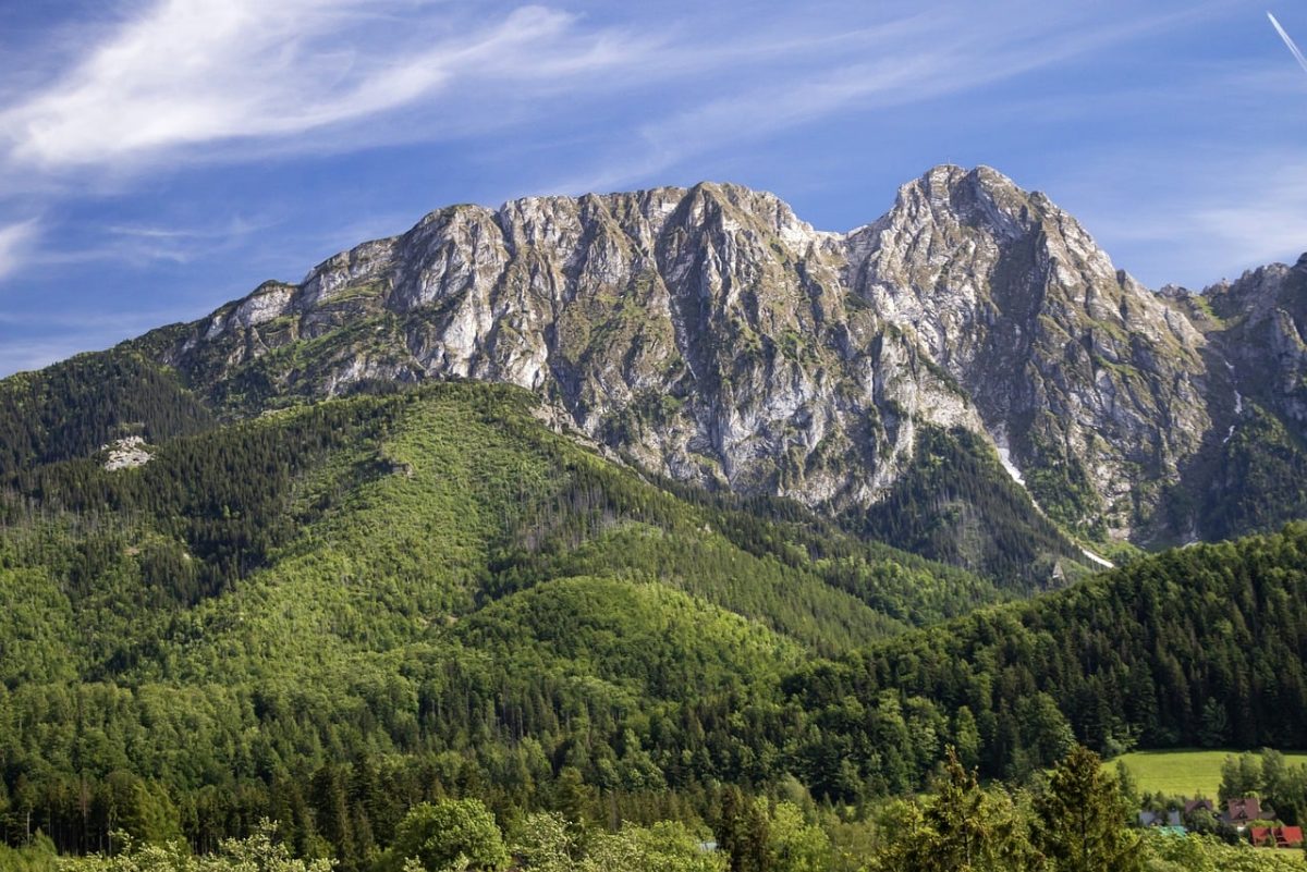 mountains, tatras, nature, landscape, poland, giewont, travel, summer, blue sky, forest, hiking, western tatras, tatra national park, tourism, mountainous, view, green, clouds, perspective, summer vacation