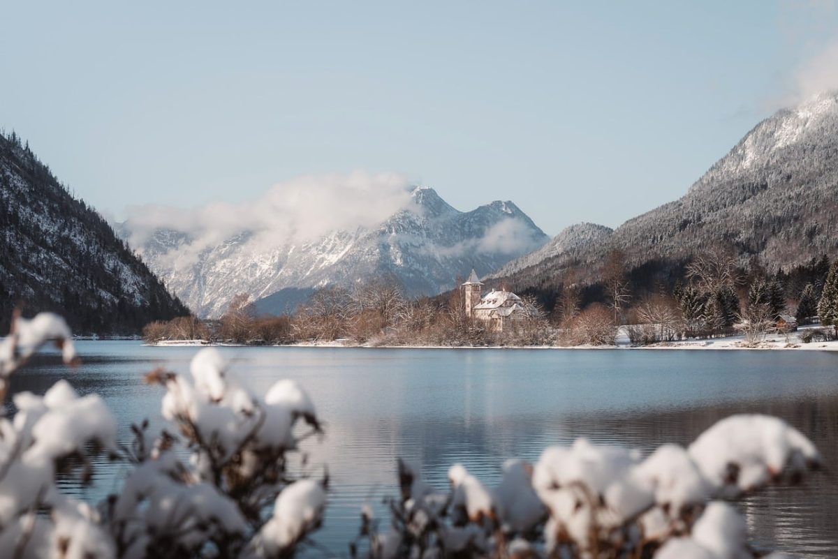 lake, mountains, winter, snow, forest, alps, cabin, morning, silence, mist, stunning view, nature, reflection, blue sky, scenery, tranquility, natural landscape, austrian alps, remote village, photographer's paradise
