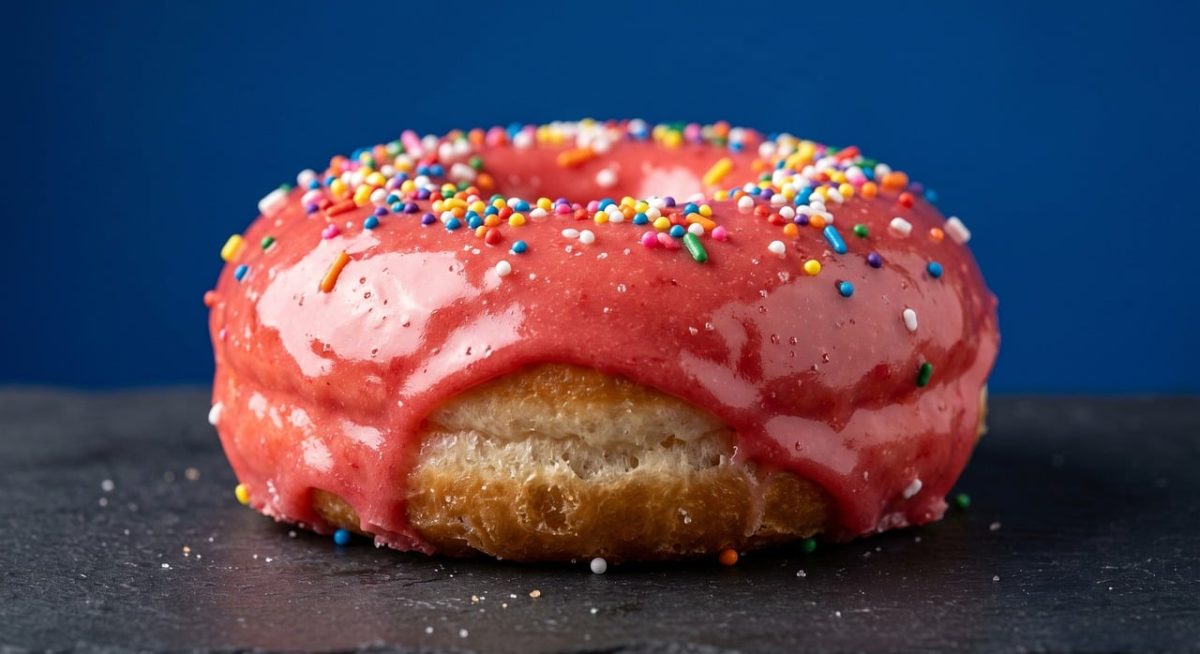 donut, pink glaze, sprinkles, sweet, dark background, circular, fried, gourmet, food photography, colorful, confectionary, yellow color, red color, green color, blue color, fresh, festive, coffee accompaniment, pastry, refreshment