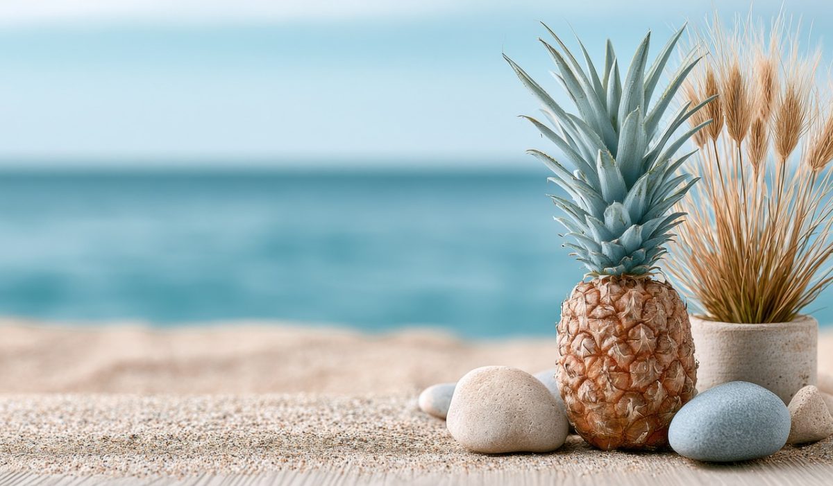 pineapple, beach, sea, sand, ocean, tropical, vacation, holiday, sunny, nature, resort, relax, serene, blue, sky, outdoor, paradise, blue sky, exotic, travel