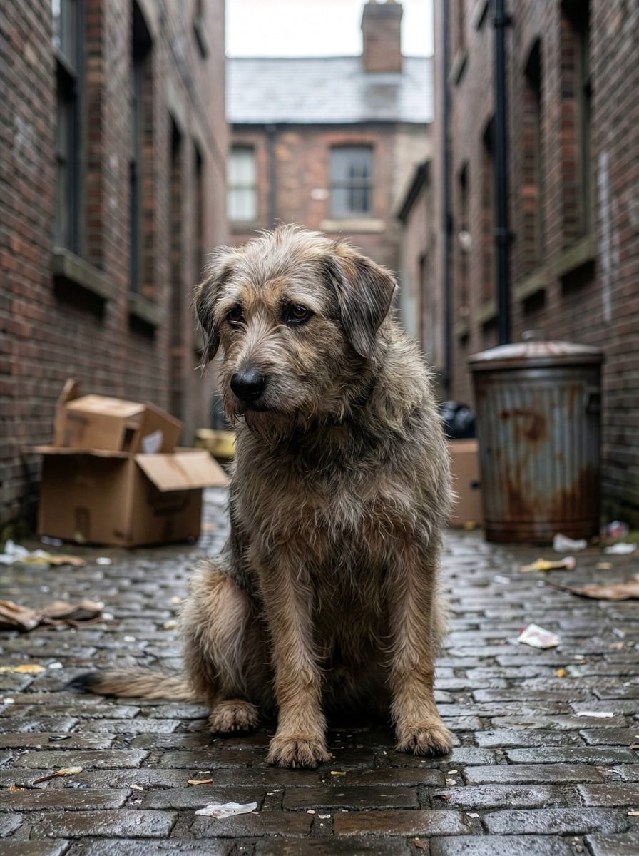 dog, animal, nature, stray dog, wet, brick alley, grey, box, abandoned, lonely, rainy day, dog sitting, sad, emotional, pet, portrait, disappointment, broken