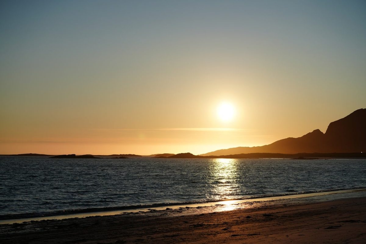 beach, sunset, coast, sea, norway, rocky coast, mountains, evening, tranquility, water surface, natural scenery, northern europe, summer evening, reflection, summer season, clear sky, nature, quiet, beautiful view, nature escape, scandinavian landscape