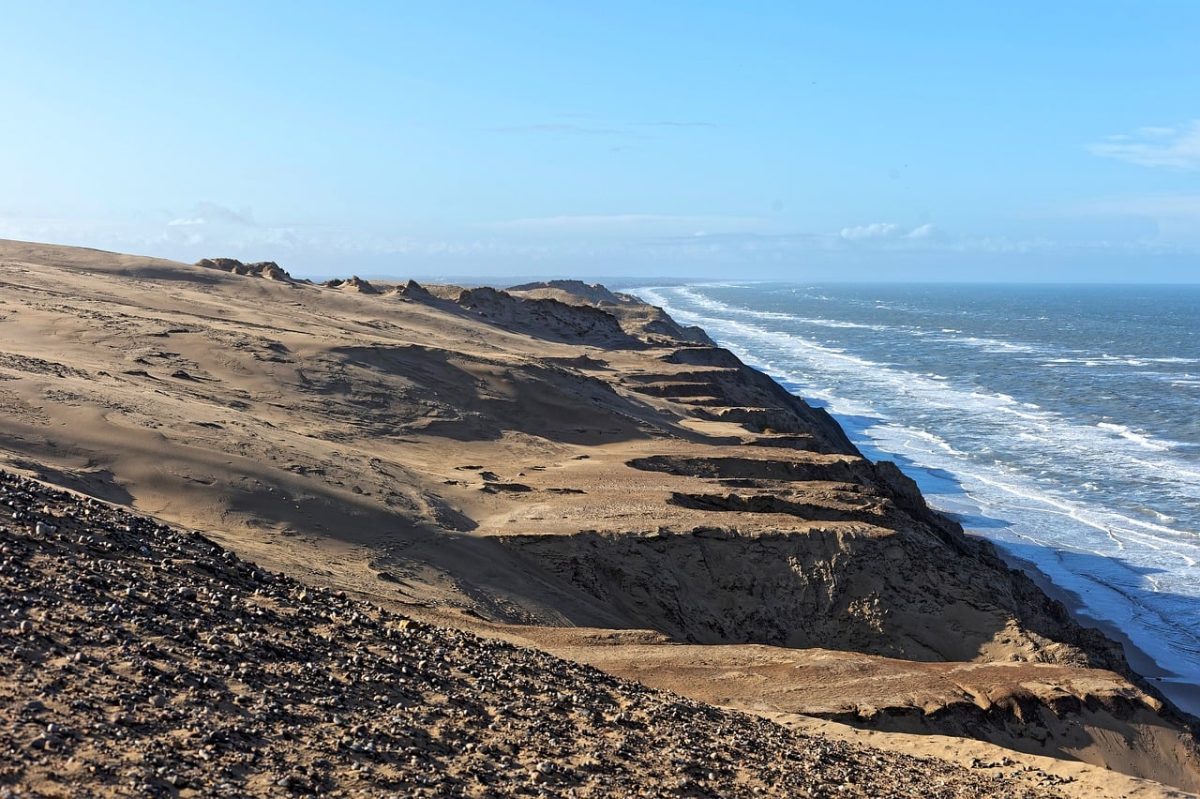 coast, ocean, cliff, sand, natural landscape, coastline, waves, blue sky, panorama, nature, landscape, horizon, sand cliff, wilderness, light, day, namibia coast, drought, coastal area, dry soil