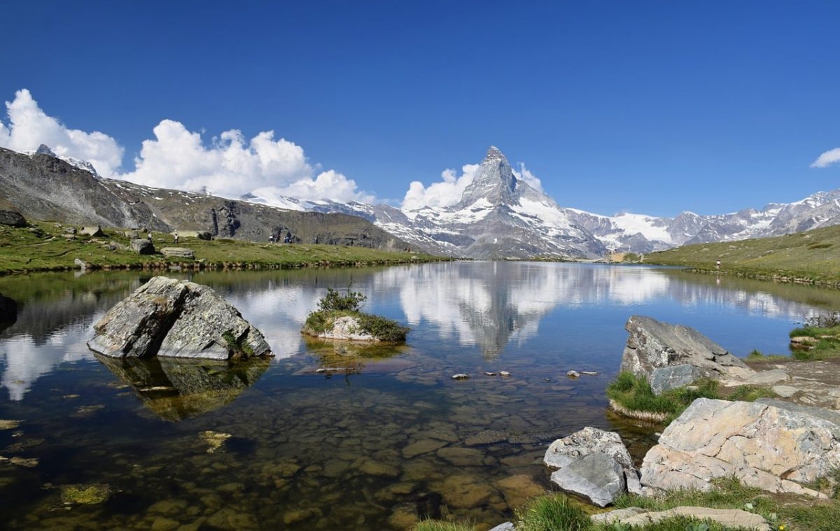 mountain, peak, alps, landscape, clouds, lake, matterhorn, nature, clear sky, rocky hills, reflections, switzerland, pointed mountains, tourism, natural beauty, tranquility, tourist attraction, ecology, travel, adventure