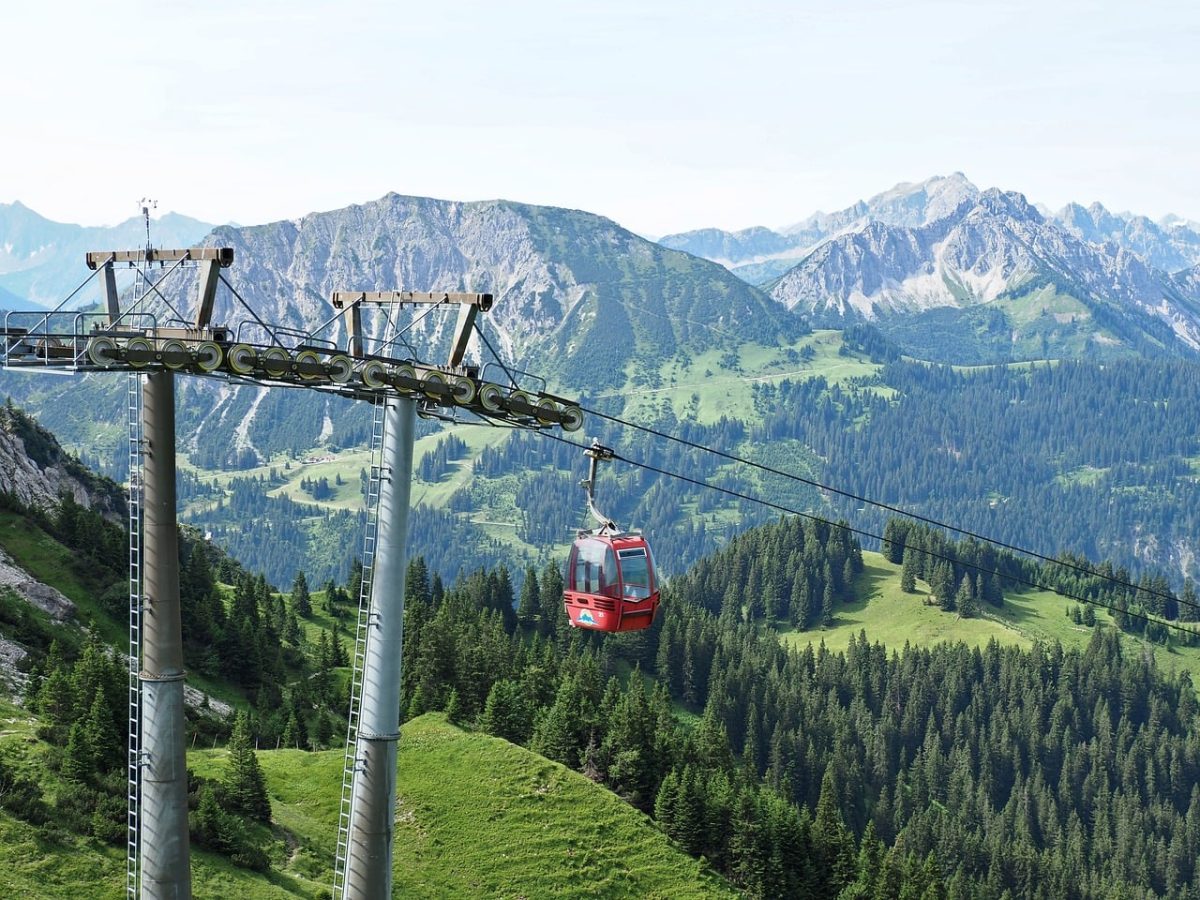 cable car, mountains, panorama, alps, nature, tourist, summer, austria, travel, attraction, view, tourist attraction, holiday, gondola, landscape, tyrol, tannheimer valley, green, summery