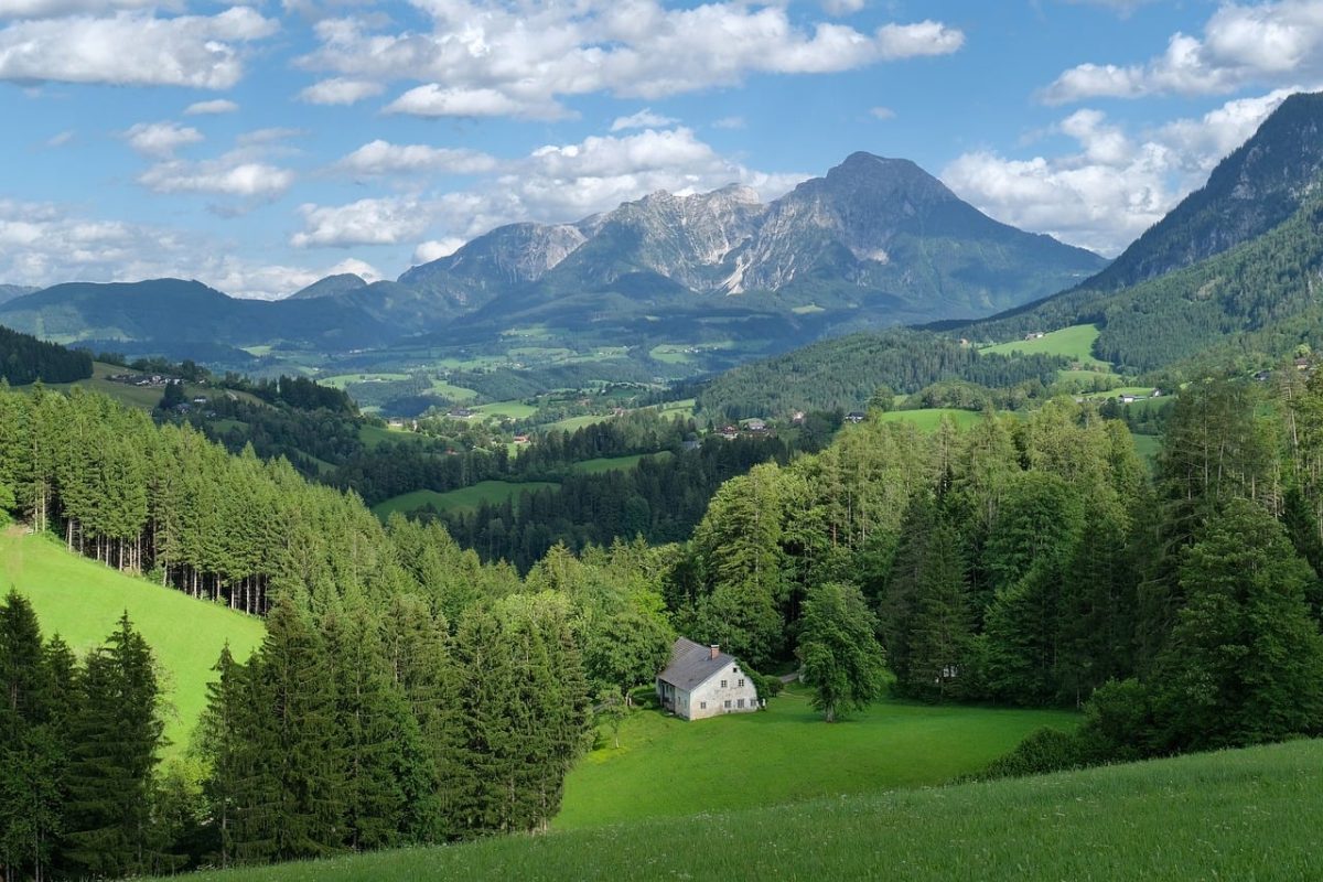 mountain, panorama, valley, meadow, forest, summer, groves, alps, nature, cabin, idyll, tranquility, travel, hiking, excursion, valley phenomenon, europe, sky, grass, tourism