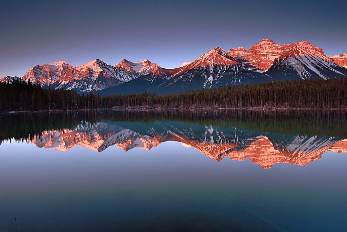 banff, national park, herbert lake, reflection, landscape, nature, canadian rockies, canada, mountains, lake, sunrise, alpenglow, tranquility, mirror, red glow, forest, calm, early morning, landscape photography