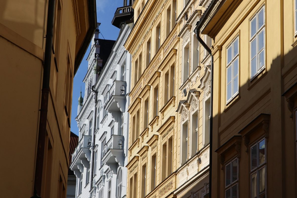prague, architecture, buildings, city, history, european, streets, light, shadows, detail, blue sky, ochre, sunny, walls, windows, picturesque, old world, balconies, charming