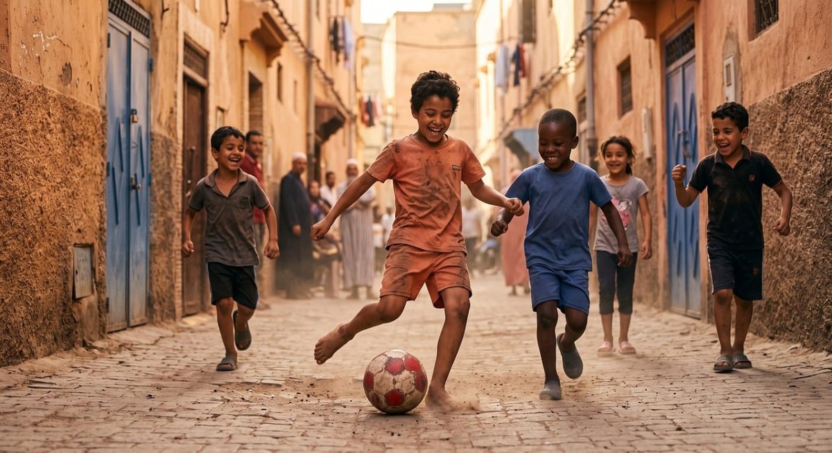 ai generated, football, children, street, ball, game, play, kick, happy, friendship, joy, urban, players, community, cheerful, running, casual wear, laughter, culture, playful, natural