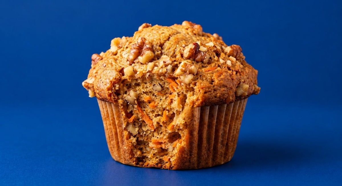 muffin, carrot, walnuts, baked, dessert, snack, food, sweet, pastry, moist, healthy, spiced, cinnamon, crumbly, napkin, baking, blue background, delicious, homemade, golden