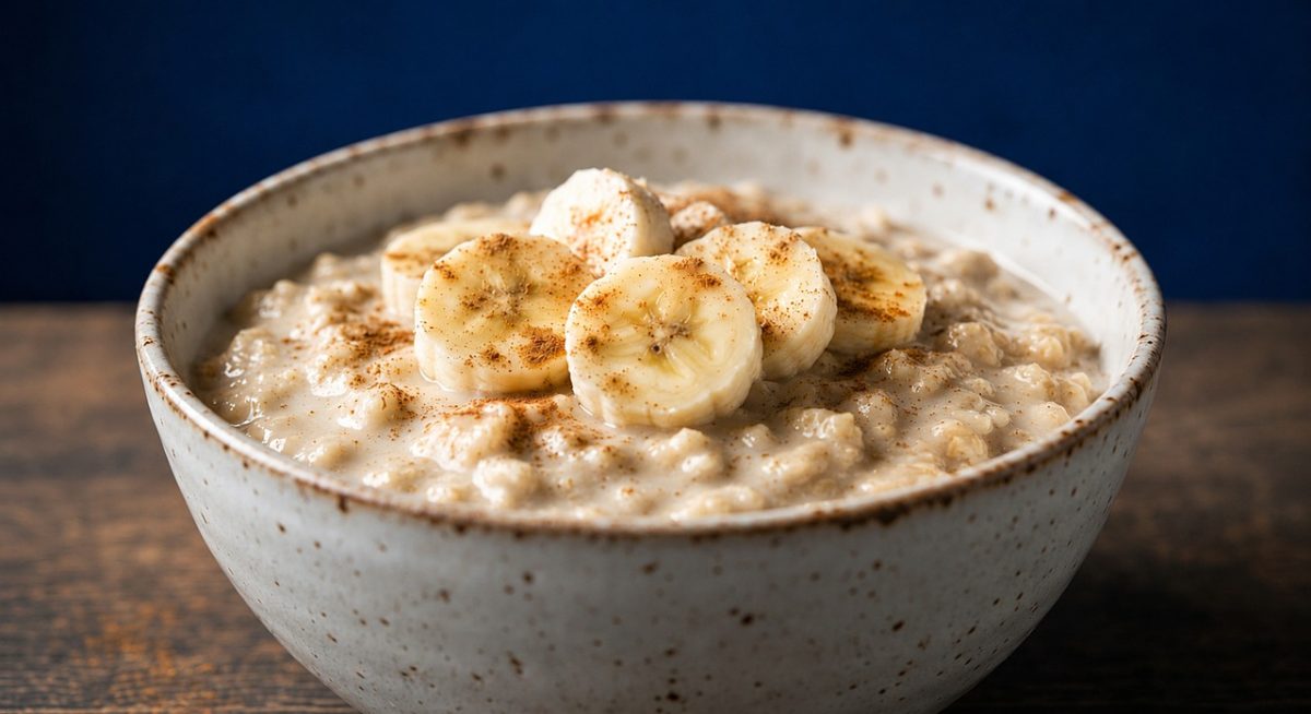 oatmeal, porridge, breakfast, bowl, banana, fruit, cinnamon, healthy, comfort food, warm, grains, milky, nourishment, rustic, spoon, dietary, cooked, textured, sweet, nutritious