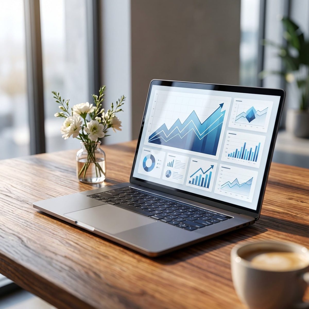 laptop, charts, desk, coffee cup, flower wallpaper, window, flowers, curve, light, interior, wood, office, nature, analysis, vase, statistics, flower background, modern, success, business, motivation, beautiful flowers, collaboration, remote work