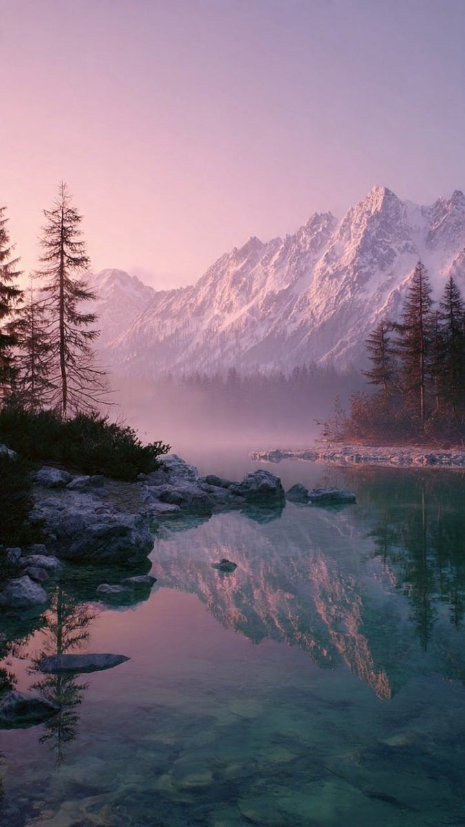 mountains, lake, reflection, snow, nature, sunset, mist, forest, tree, dawn, pink, mirroring, conifers, rocky, chilly, water reflection, serenity, hiking, peace