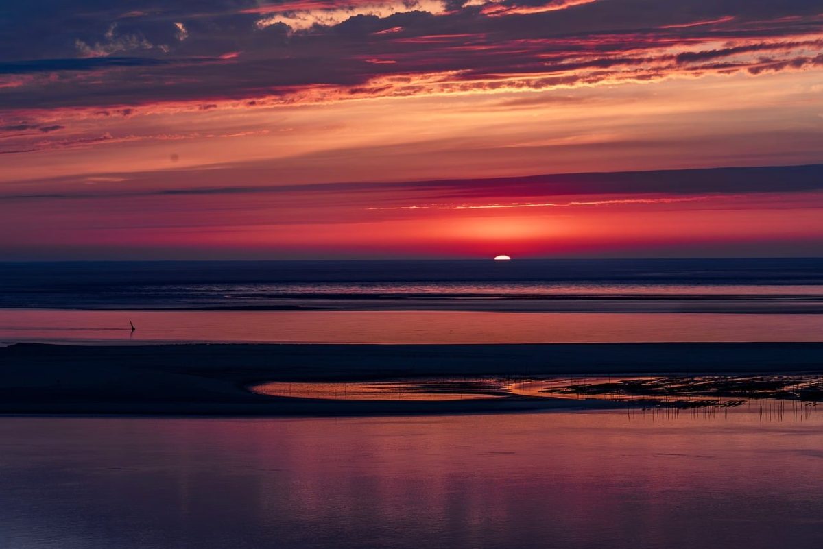 sunset, sea, sky, clouds, paragliding, shadow, red, reflection, twilight, calm, evening, nature, water, scene, light, band, glow, pastel